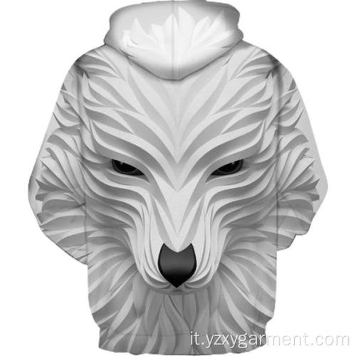 Felpa con cappuccio stampa 3D lupo sorridente bianco